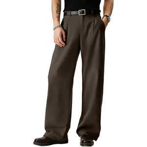 <b>Men's</b> <b>Brown</b> Wide Leg Pleated Trousers High Waist Casual Anti-Wrinkle Polyester Pants Autumn Style - Product Image 1