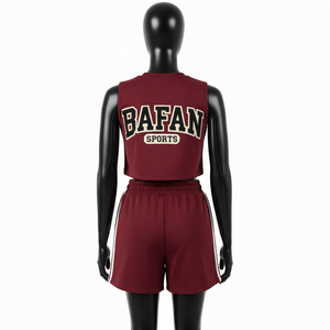 Women Premium Crop <b>Top</b> Short Set GSM Cotton Blend Fleece <b>Maroon</b> Heat Transfer Logo Custom 100% Cotton Crop <b>Top</b> & Shorts Set - Product Image 5