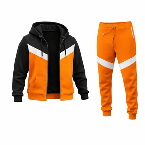 Conjunto Deportivo de Alta Calidad para Hombre, Sudadera con Capucha y Cremallera Naranja y Negra con Franja en V en Contraste, Pantalones Deportivos Ajustados, Ropa Deportiva para Gimnasio y Fitness - Product Image 3