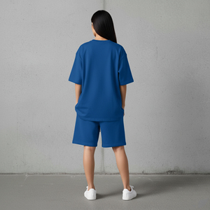 New Style 100% Cotton 250GSM Women's Drop Shoulder Full Sleeves Crew Neck T-Shirt Printed Solid Elastic Waist Shorts Two-Piece - Product Image 3