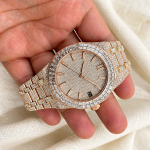 Reloj de Diamantes en Oro Rosa Raj Gems para Hombre, Analógico de Cuarzo con Visualización de Fecha, Lujoso y Moderno, Caja Redonda de 41 mm, Cristal, Correa de Acero Inoxidable de 18 mm - Product Image 6