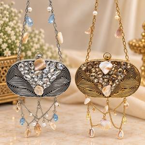 Designer Gold and Silver Tone Metal Box Clutch <b>with</b> Pearl Beading Filigree Arch Draped <b>Fringe</b> Fashion Classic Chain Strap - Product Image 5