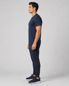 Men's Navy V-Neck Short Sleeve <b>T</b>-<b>Shirt</b> Regular Fit Quick Dry Knitted Fleece <b>Polyester</b>/Cotton Casual Wear Front Logo Breathable - Product Image 3