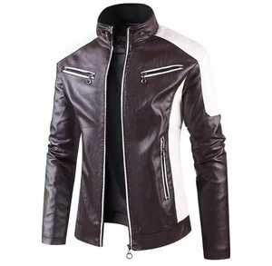 <b>Men's</b> Genuine <b>Leather</b> Moto <b>Jacket</b> Stand Collar Zipper Closure Slim Fit Color Blocking Autumn Style Waterproof Casual Regular - Product Image 5