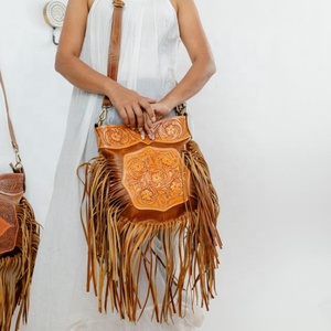 New Best Seller Hand Tooled Leather Western Women Crossbody Purse Hair On Cowhide Fringe <b>Conceal</b> Carry Genuine Leather Handbag - Product Image 2