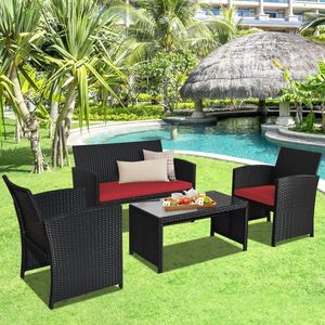 Set of 4 Rattan Patio Furniture with <b>Weather</b>-Resistant Cushions Tempered <b>Glass</b> Tabletop <b>Weather</b> Resistant Comfortable Stylish - Product Image 4