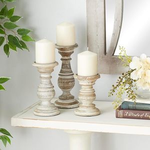 Rustic Distressed <b>White</b> Wooden Candle Holder Set Vintage Farmhouse Decorative Pillar Candle Stand Home <b>Table</b> Decor - Product Image 3