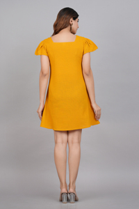 Robe trapèze en coton flammé pour femme, couleur moutarde, manches volantées, col rond, décontractée, été, vintage, moderne, naturelle - Product Image 2
