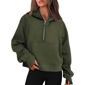 Women's Olive <b>Green</b> Formal Winter Sweatshirt with Zipper Front Pocket Crystal Printed Long Sleeve Knitted <b>Top</b> - Product Image 3