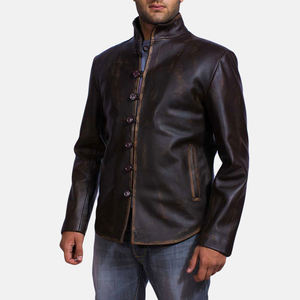 <b>Men</b> Cow <b>Leather</b> <b>Jacket</b> Water Resistant Windproof Button Front Stand Collar Winter Outerwear Custom Color - Product Image 1