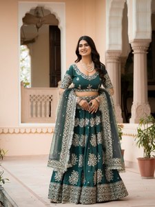 Ensemble Lehenga Choli en soie verte orné, longueur ras du sol, sans plis, style floral Zari, tenue indienne pakistanaise pour mariage et fête - Product Image 6