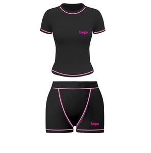 2025 conjunto de 2 piezas de bloque de Color acanalado personalizado para mujer, pantalones cortos de motorista por encima de la rodilla con patrón de Argyle de verano, Top de manga corta, traje para correr - Product Image 1