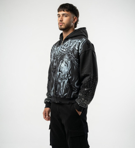 Sudadera con capucha gótica personalizada con cremallera y pedrería, premium, oversize, estilo dark art, streetwear, gráfico, de alto gramaje, marca privada, fabricante OEM - Product Image 4