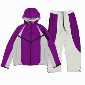 Unisex <b>Purple</b> Gray Color Blocking Hooded Windbreaker Set Full Sleeve Zipper Sporty Style Breathable Polyester Spandex Material - Product Image 1