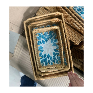 Natural Rattan Eco-Friendly Durable Decorative <b>Platter</b> with Handmade Mother of Pearl Mosaic Finish - Product Image 2