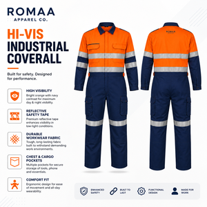 Orange Navy Blue Silver Hi Visibility Spandex Heavy Duty Industrial <b>Work</b> Coverall <b>Waterproof</b> Cargo Pockets Reinforced Knees - Product Image 2