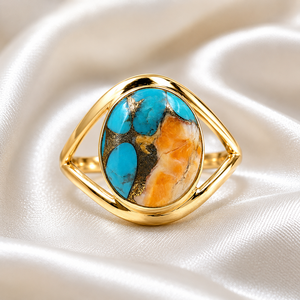 Natural Blue <b>Turquoise</b> Orange Oyster Copper Gemstone <b>Ring</b> 925 Silver Rose Gold & Yellow Gold Plated Handmade Statement <b>Ring</b> Her - Product Image 6