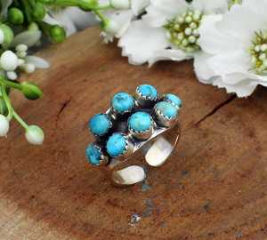 Handmade 925 Sterling Silver Multi-Stone Kingman Blue Turquoise Cluster <b>Adjustable</b> Statement Boho Vintage Opaque Gemstone <b>Ring</b> - Product Image 6