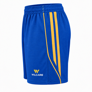Shorts de sport bleus WILCARE avec rayures jaunes, logo respirant, tenue d'équipe, prix de gros, prix abordable, best-seller 2026 - Product Image 4