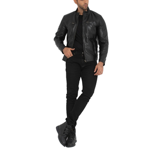 <b>Men</b> Black Genuine <b>Leather</b> <b>Jacket</b> Moto Biker Style Stand Collar Zipper Closure Slim Fit Regular Length Autumn Wear - Product Image 5