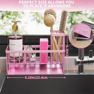 Organizzatore per Lavello da Cucina con Portaspazzole e Portaspugne, in Acciaio Inox 304 Antiruggine, Rosa, per Piano di Lavoro - Product Image 3