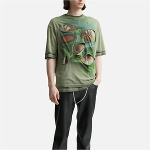 OEM ODM Men Loose Casual Oversized Ripped <b>Graphic</b> T Shirt <b>Vintage</b> Washed Distressed Streetwear Cotton Fashion <b>Tee</b> Custom Cut - Product Image 3