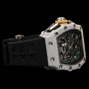 Montre chronographe personnalisée de luxe, bracelet en caoutchouc noir, montre-bracelet avec boîtier rectangulaire, diamant moissanite, cadeau pour lui - Product Image 4