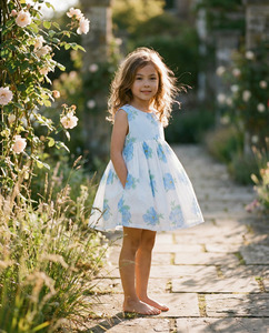 Vestido de Algodón Estampado Floral Azul para Niñas, con Base Blanca, Sin Mangas, para Fiestas de Verano, para Compradores de Boutiques - Product Image 2
