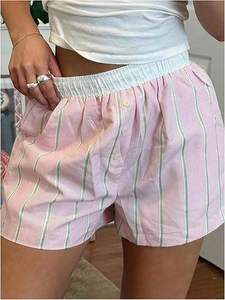 Shorts Casuales de Verano para Mujer, Cintura Alta, Patrón Bordado, Costuras en Contraste, Diseño a Rayas, Bolsillos, Cierre con Botones - Product Image 3