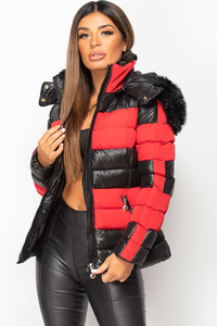 Veste matelassée rayée rouge et noire pour femme, hiver, à capuche, avec bordure en fourrure, fermeture éclair, courte, imperméable, coupe-vent, en toile, pour l'extérieur - Product Image 6