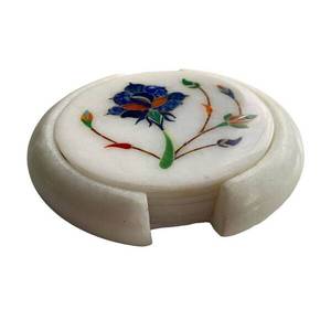 Ensemble de sous-verres modernes en marbre blanc de haute qualité, faits à la main avec incrustations florales, support assorti en pierre pour boissons, cadeau de table ANURAG - Product Image 4