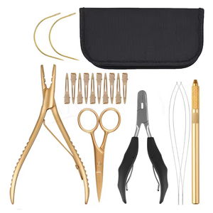 Kit Profesional de Herramientas para Extensiones de Cabello, Negro y Dorado, 29 Piezas, Juego Completo para Extensiones I-Tip, Micro Ring y Fusion - Product Image 1