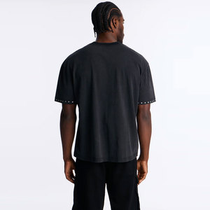 Oversized Black Cotton T-Shirt O-Neck <b>Short</b> <b>Sleeve</b> Rhinestone Detail Street Style Solid Color Regular Fit Rhinestone T-Shirt - Product Image 2