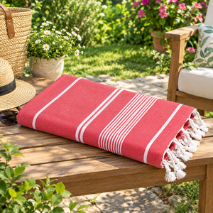 <b>Pink</b> Cotton Fouta Beach <b>Towel</b> with White Stripes and Tassels Woven Plain Dyed Washable Sustainable Eco-Friendly Home Textile - Product Image 5