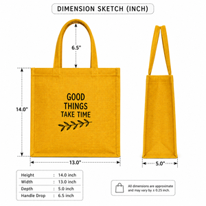 Yellow Canvas Shopping <b>Bag</b> With "Good Things Take Time" Print <b>Medium</b> Size Hand Carry Tote For Daily Use - Product Image 2