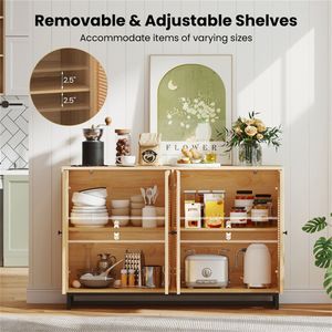 Credenza Grande in Rattan PE Naturale da 50 Pollici con 4 Ante e Ripiani Rimovibili e Regolabili - Product Image 3