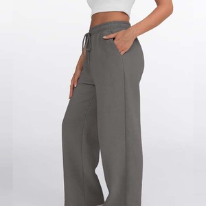 Women's High Waist Wide Leg Fleece Pants <b>Drawstring</b> Closure Solid Color Casual Loose Fit Full Length Gray Sweatpants <b>Trousers</b> - Product Image 5