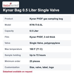 Sac d'échantillonnage de gaz TECHINSTRO Kynar 0,5 litre en film PVDF, à valve unique, étanche, pour l'échantillonnage des odeurs et de l'air des COV - Product Image 6