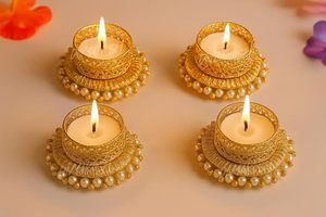 Juego de Portavelas de Latón Hechos a Mano con Perlas para Decoración de Bodas y Hogar - Product Image 2