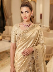Elegant Gold Silk Saree With Embroidered Border Wedding Wear For Women India Pakistan Style Floor Length Regular Fit - Product Image 3