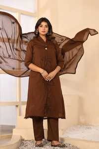 Ensemble Kurta en coton marron pour femme avec pantalon et dupatta, coupe régulière, longueur cheville, style traditionnel indien pakistanais, tenue de soirée - Product Image 2