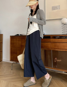 Solid Breathable Elastic Waist Autumn Straight Casual 100% Cotton Beach Trousers Pants Women with Pockets - Product Image 3