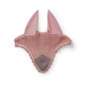 NOUVEAU Voile anti-mouches pour cheval en maille crochetée rose poudré, personnalisable, de luxe, avec oreilles pointues et bordure en cordon taupe - Product Image 1