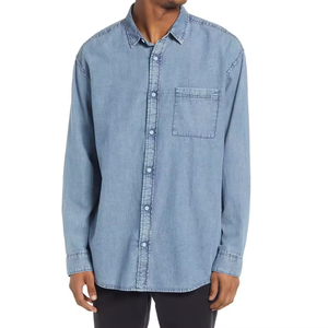 Chemise en jean délavé bleu clair pour homme, en coton, à manches longues, avec poche unique, boutonnée sur le devant, style robuste pour le travail - Product Image 1