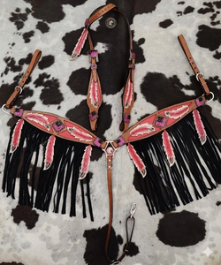 Conjunto de arnés y collar de pecho de cuero occidental para caballo, con pedrería, flecos, cuentas y conchos, ajustable. - Product Image 6