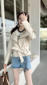 Veste de motard en cuir véritable pour femmes, grande taille, vert foncé, col rabattu, fermeture éclair, ceinture, manches longues - Product Image 2