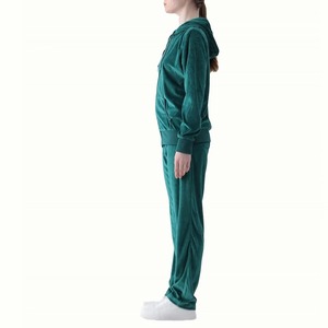 <b>Women's</b> Green Velvet <b>Tracksuit</b> Hooded Full Sleeve Solid Color Casual Autumn Wear with Side Pockets Zipper Closure - Product Image 2
