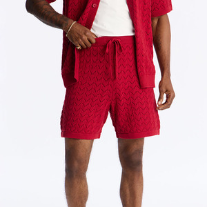 Ensemble polo et short en tricot pour homme, couleur rouge unie, tenue décontractée en deux pièces, tricot respirant en coton - Product Image 4