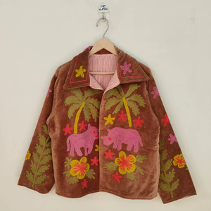 Blouson bomber en velours fait main, motif animalier Suzani, écologique, réversible, respirant, court, style bohème avec broderie florale - Product Image 1