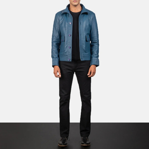 Veste en cuir véritable bleue pour homme, col rabattu, fermeture à boutons, coupe ajustée, longueur normale, style décontracté d'automne - Product Image 1